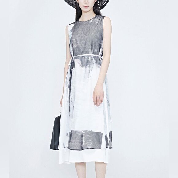 S. Deer Elegant Ink Splatter Sleeveless Dress White M NWT - Picture 1 of 6